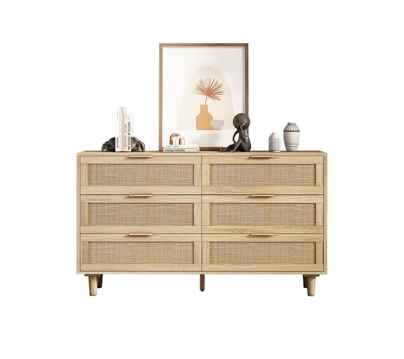 Buffet Bois, Commode 130 Cm Avec 6 Tiroirs En Rotin, Rangement Salon Et Chambre