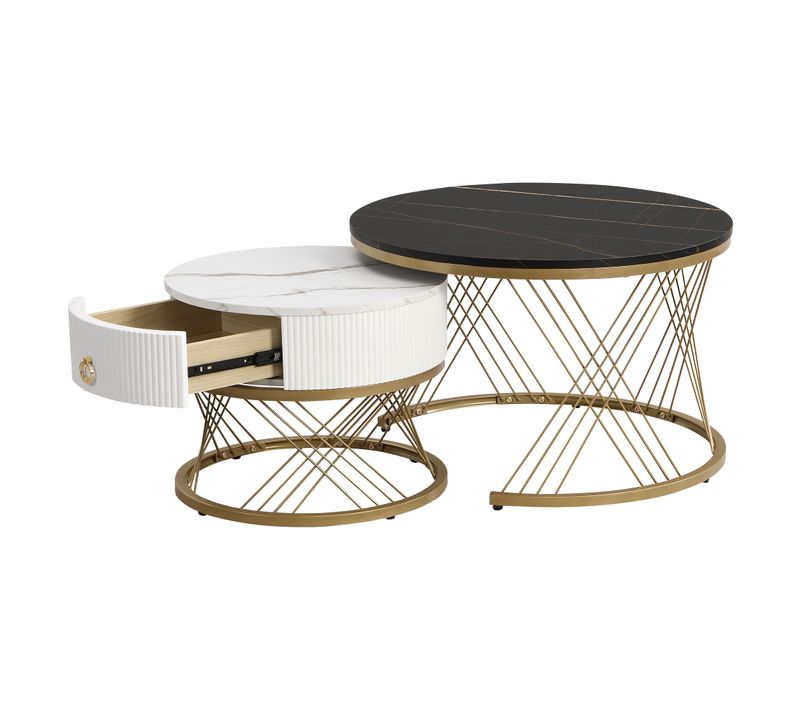 Tables Basses Gigognes Noire Et Blanche 70 Cm + 50 Cm 2 Pièces Effet Marbre Avec Tiroir, Métal Doré