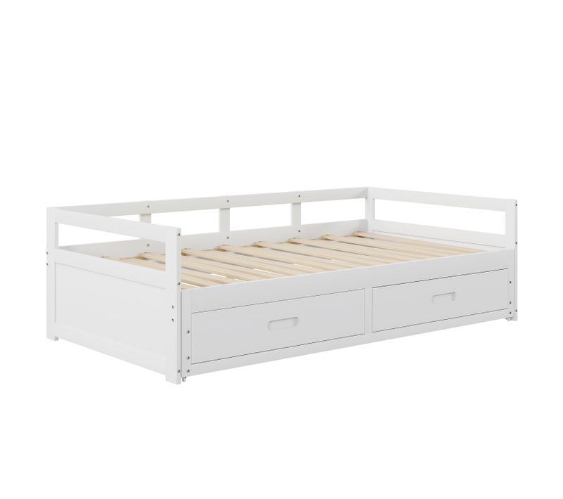 Lit Enfant 90x200 Extensible 180x200 Cm En Pin Blanc, Avec 2 Tiroirs De Rangement