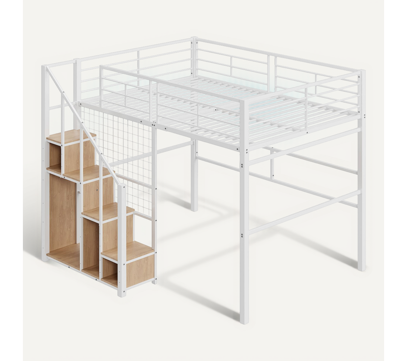 Lit Mezzanine Adulte 140x200 Cm Avec Rangements, Escalier Sécurisé, Métal Blanc