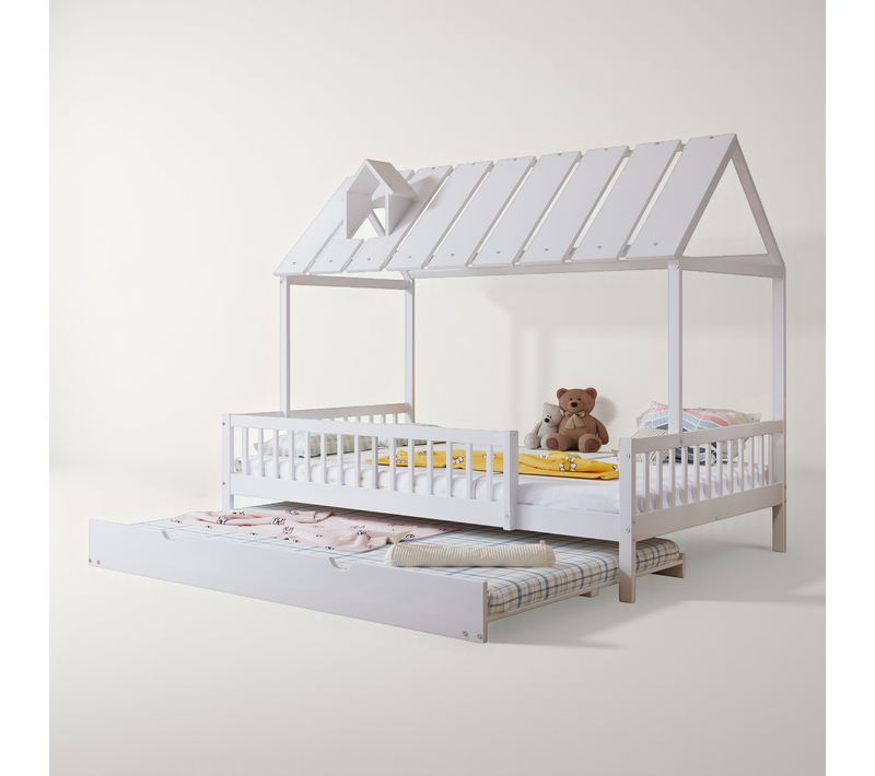 Lit Cabane Gigogne 120x200 + 120x190 Cm En Bois Blanc Avec Barrières De Sécurité Et Sommier à Lattes