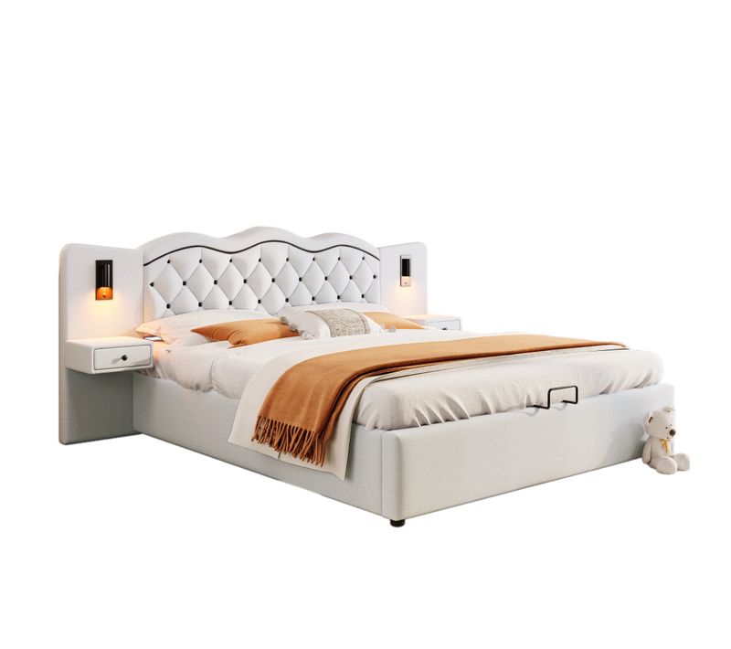 Lit Adulte 180x200 Cm Coffre De Rangement, Lampes LED, Chevets, Tiroirs, Ports USB, Lin Beige