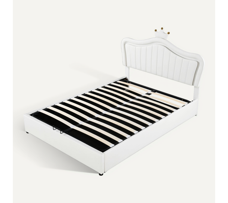 Lit Enfant 140x200 Cm Pu Blanc Avec LED Et Coffre De Rangement Hydraulique, Forme Couronne