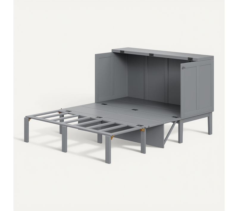 Lit Escamotable Adulte 140x200 Cm En Bois Gris Avec Rangements, Sommier à Lattes