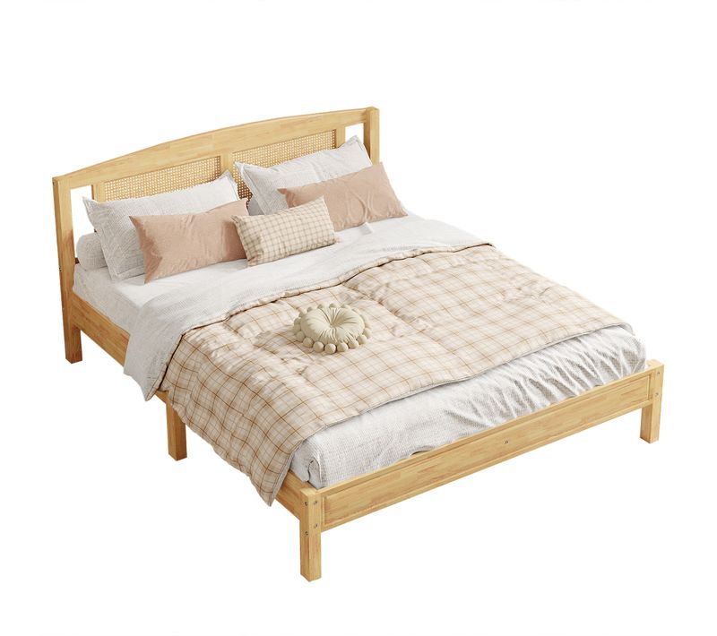 Lit Adulte 160x200 Cm En Bois De Pin Et Pe-rotin Naturel Avec Sommier à Lattes