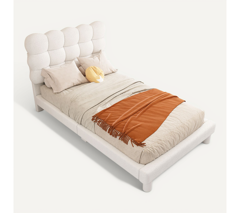 Lit Enfant 90x200 Cm, Tête Réglable 3 Positions Et Sommier À Lattes, Tissu Bouclé Blanc
