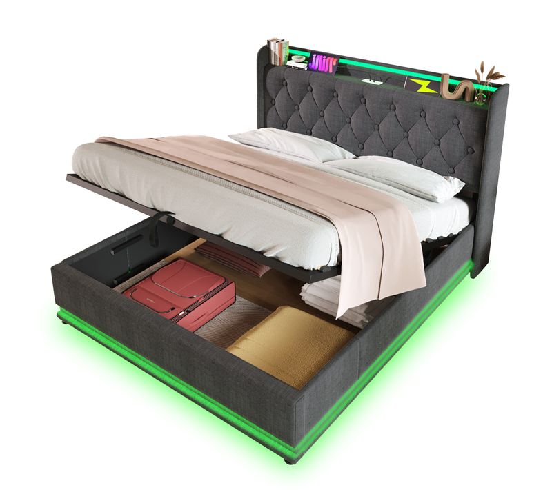 Lit Adulte 180x200 Cm Avec Coffre De Rangements, LED 360°, Ports USB/type-c, Lin Gris