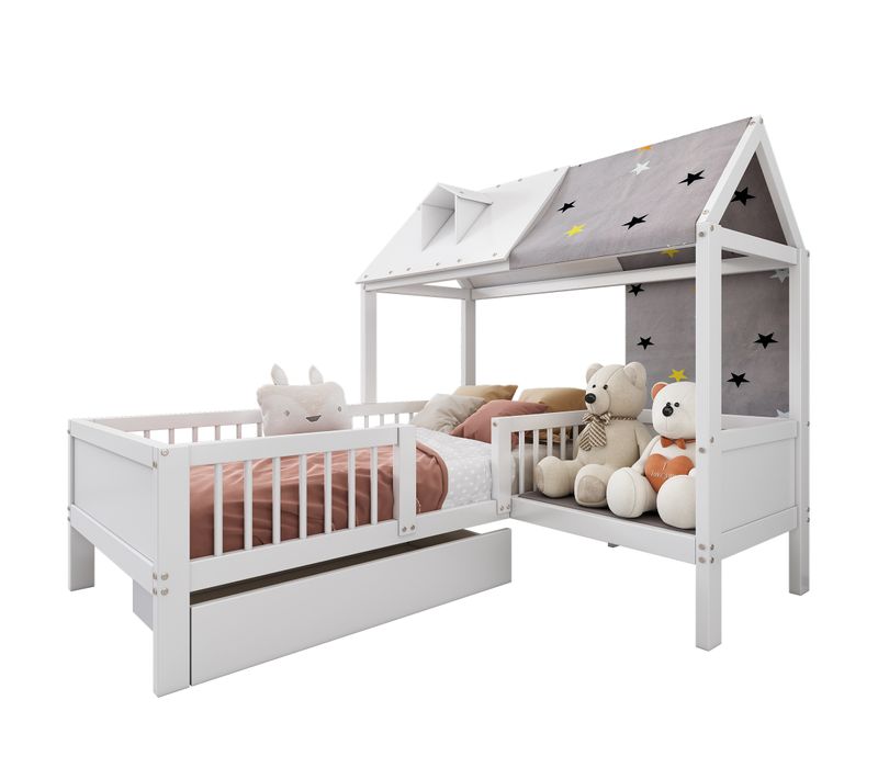 Lit Cabane Enfant 90x200 Cm Bois Blanc Avec Rangements Et Sommier à Lattes
