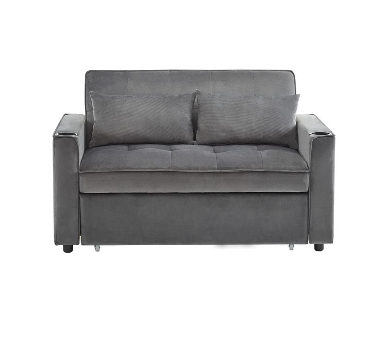 Canapé Convertible 2 Places Velours Gris, Dossier Réglable Avec Porte-gobelets Et Poches Latérales