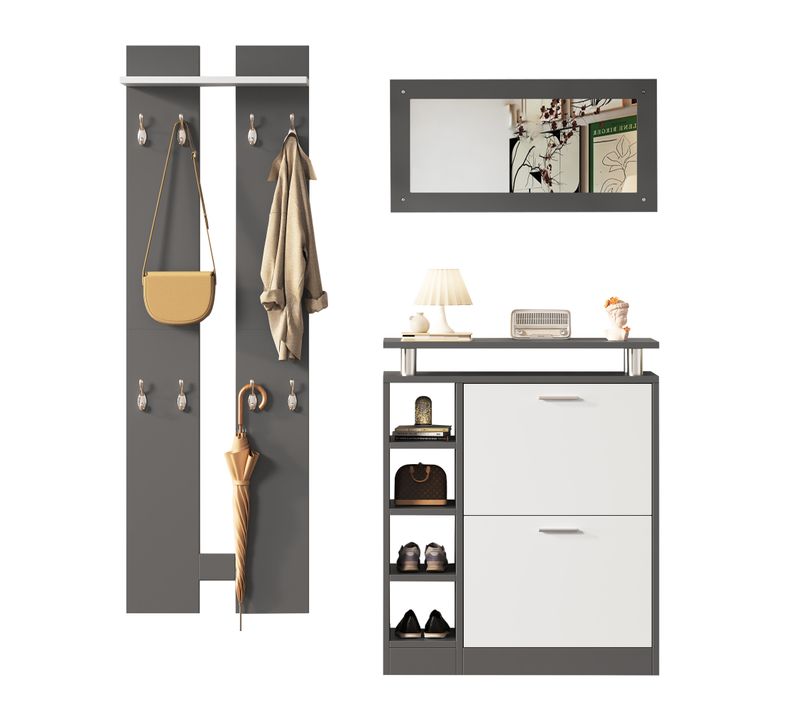 Ensemble Vestiaire D’entrée 80x25x96,5 Cm Avec Miroir Et Meuble à Chaussures, Gris Et Blanc