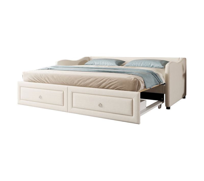 Lit Enfant Extensible 90/180x200 Cm Gigogne Avec 2 Tiroirs De Rangement, Lin Beige