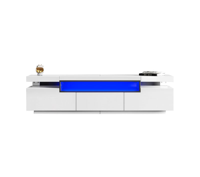 Meuble TV LED Blanc Laqué 160x39x42 Cm – 3 Tiroirs Pour TV 70 Pouces