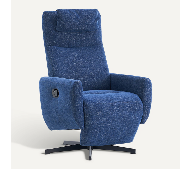 Fauteuil Relax Inclinable 100–150° Avec Repose-pieds, Tissu Chenille Bleu, Base Métal