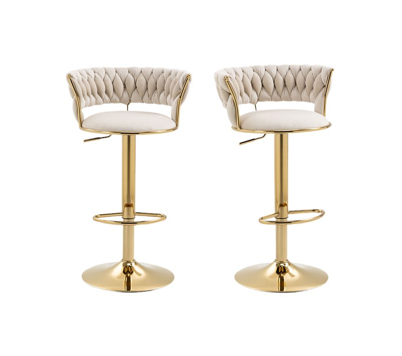Lot De 2 Tabourets De Bar Pivotants Velours Ivoire, Réglables 60–79,5 Cm, Base Dorée