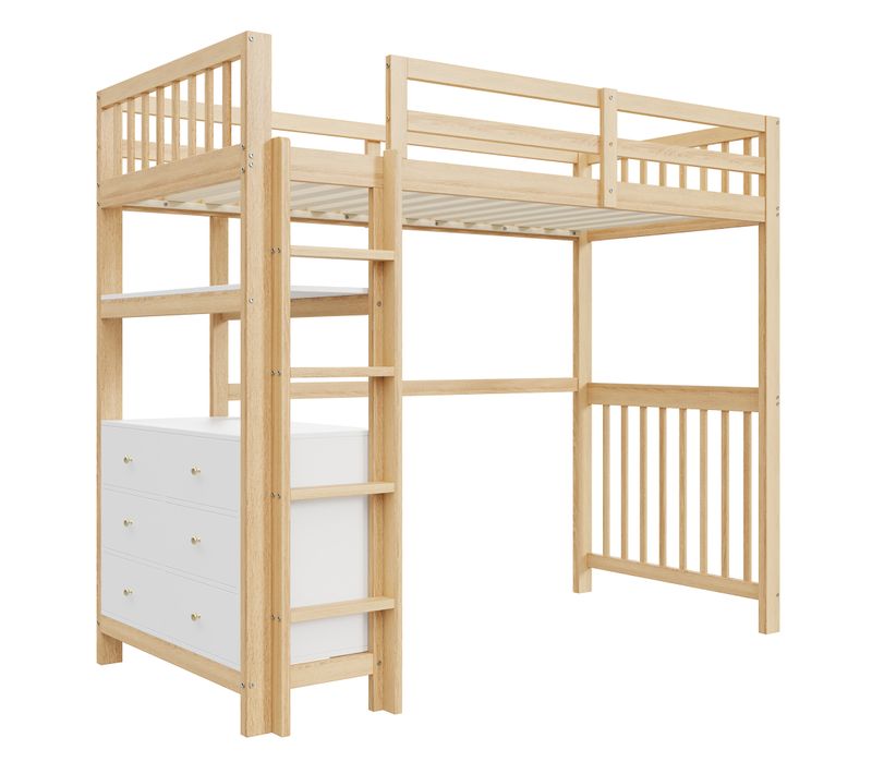 Lit Mezzanine Enfant 90x200 Cm Avec 6 Tiroirs Et Étagères, Pin Naturel Et Blanc