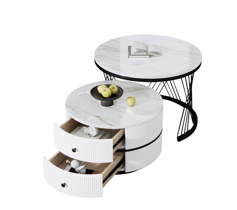 Tables Basses Gigognes Rondes 2 Pièces 60 et 50 Cm Blanc, Effet Marbre Brillant, 2 Tiroirs