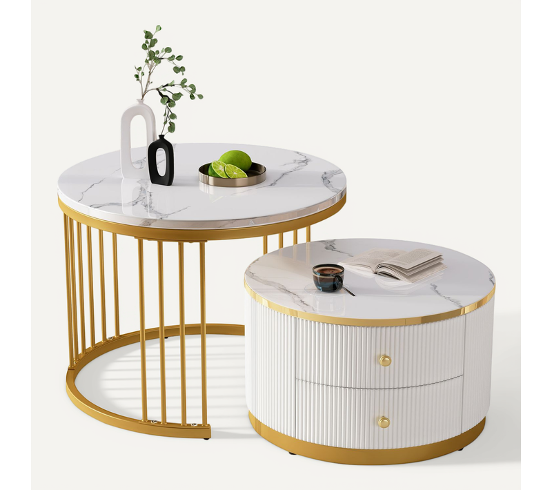 Tables Basses Gigognes Rondes 60x60x45,5 Et 50x50x32 Cm Blanc Et Doré Avec 2 Tiroirs