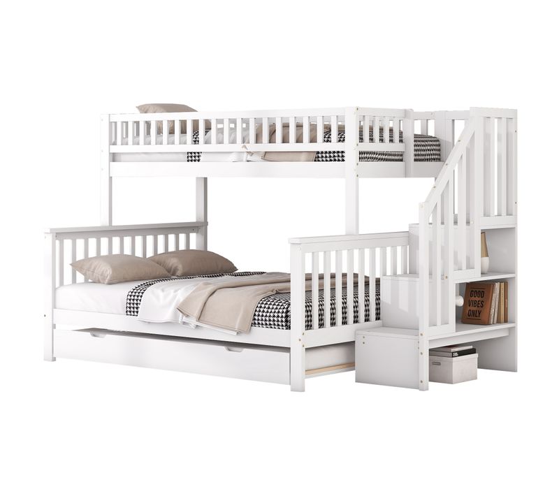 Lit Superposé 90x200/140x200 Cm Avec Lit Gigogne, Marches Avec Rangements, Pin Blanc