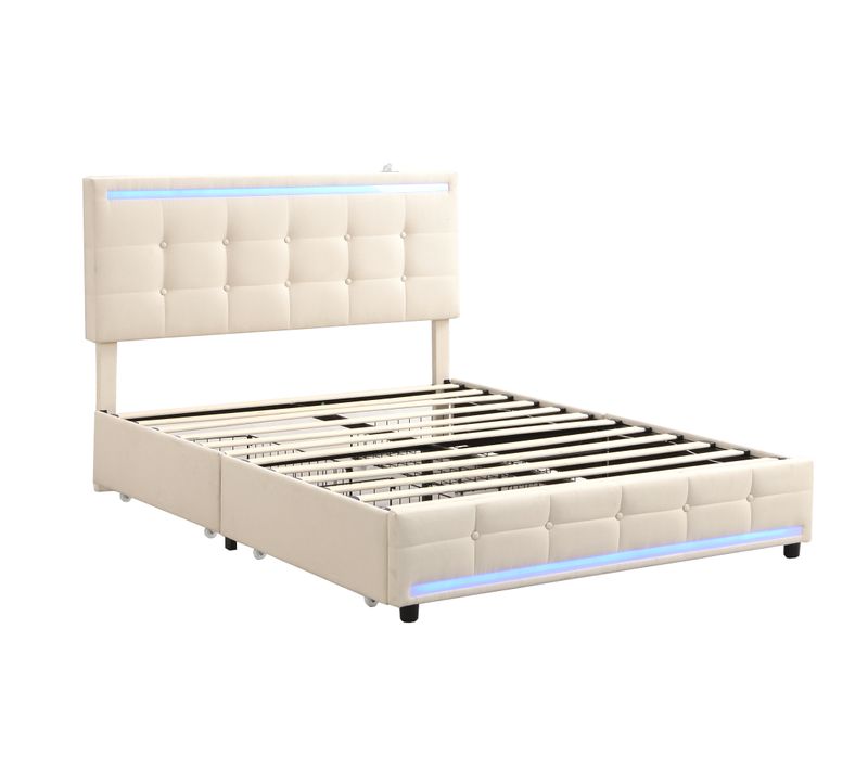 Lit 140x200 Cm 2 Places Avec LED, USB Et 4 Tiroirs De Rangement, Structure Métal Et Bois, Lin Beige