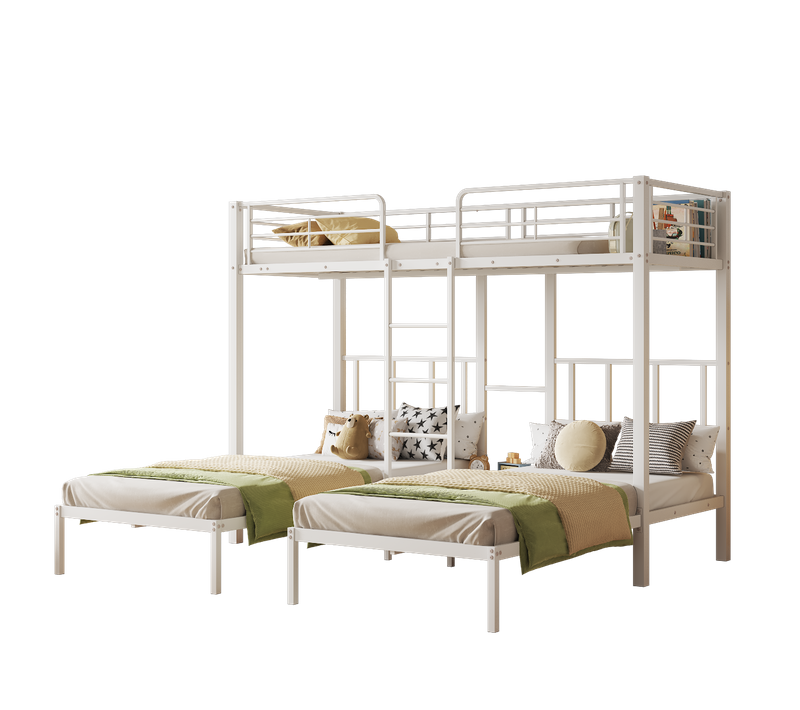 Lit Superposé Triple Enfant 90x200 Cm Métal Blanc Avec Petit Chevet, 3 Couchages
