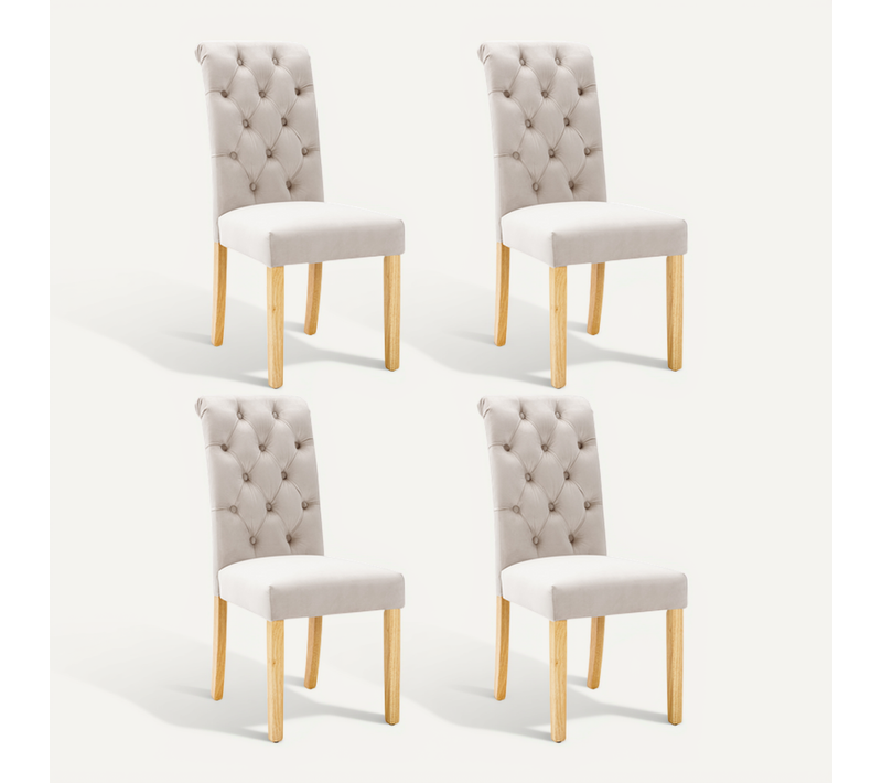 Lot De 4 Chaises Velours Beige, Salle à Manger, Pieds En Bois
