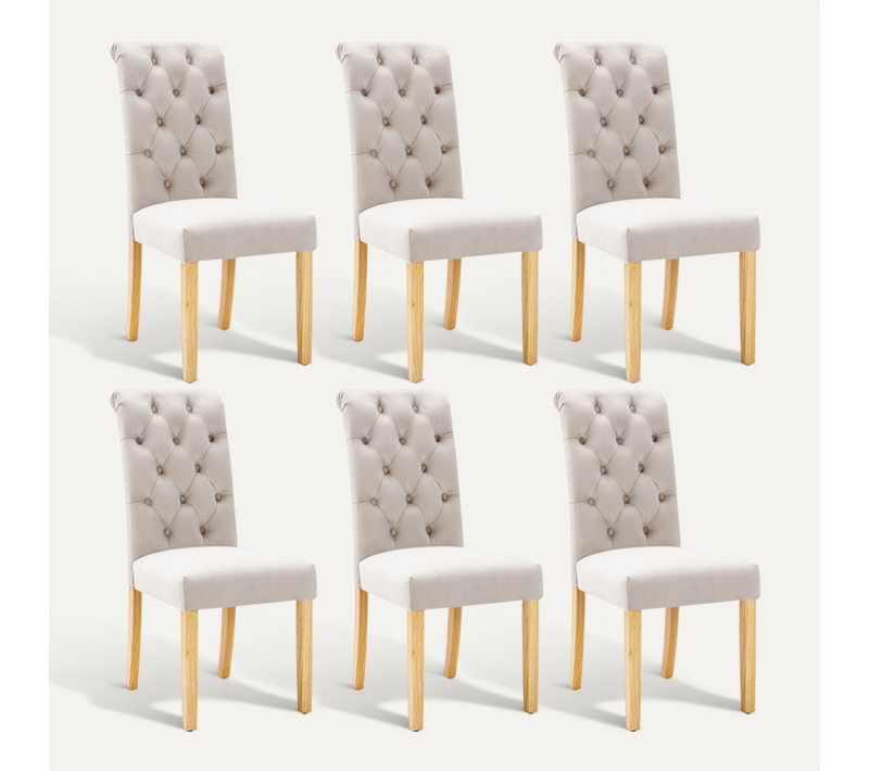 Lot De 6 Chaises Velours Beige, Salle à Manger, Pieds En Bois