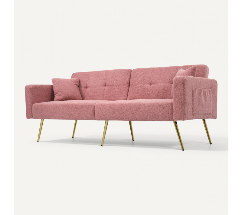Canapé Convertible 2 Places 175x64 Cm Tissu Bouclé Rose Avec 2 Poches Latérales Et Pieds Dorés