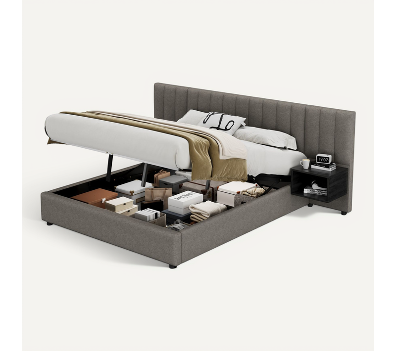 Lit Coffre 160x200 Cm Avec 2 Tables De Chevet, Grand Tête De Lit Et Sommier à Lattes, Lin Gris-noir