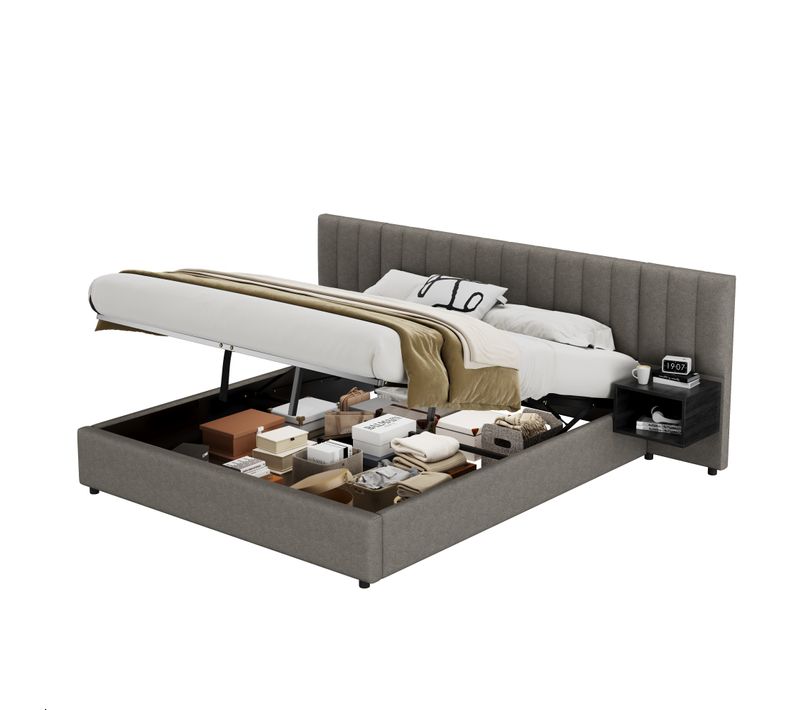 Lit Adulte 180x200cm En Lin, Coffre De Rangement, 2 Tables De Chevet Et Sommier à Lattes, Gris-noir