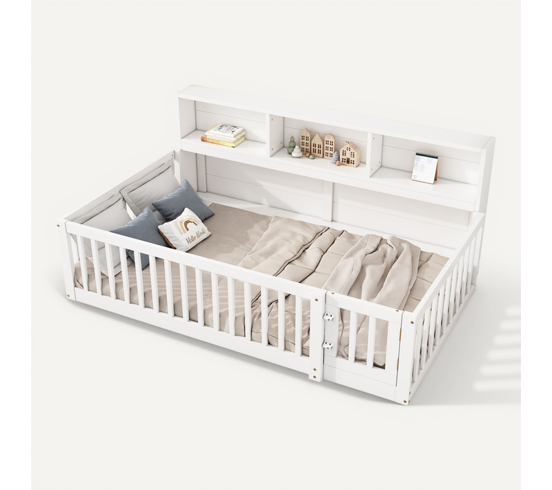 Lit Enfant 90x200 Cm Lit Bébé Au Sol En Pin Blanc Avec Rangements Et Sommier à Lattes