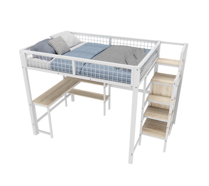 Lit Mezzanine Adulte 140x200 Cm Métal Blanc Avec Bureau Intégré, Armoire Et Étagères