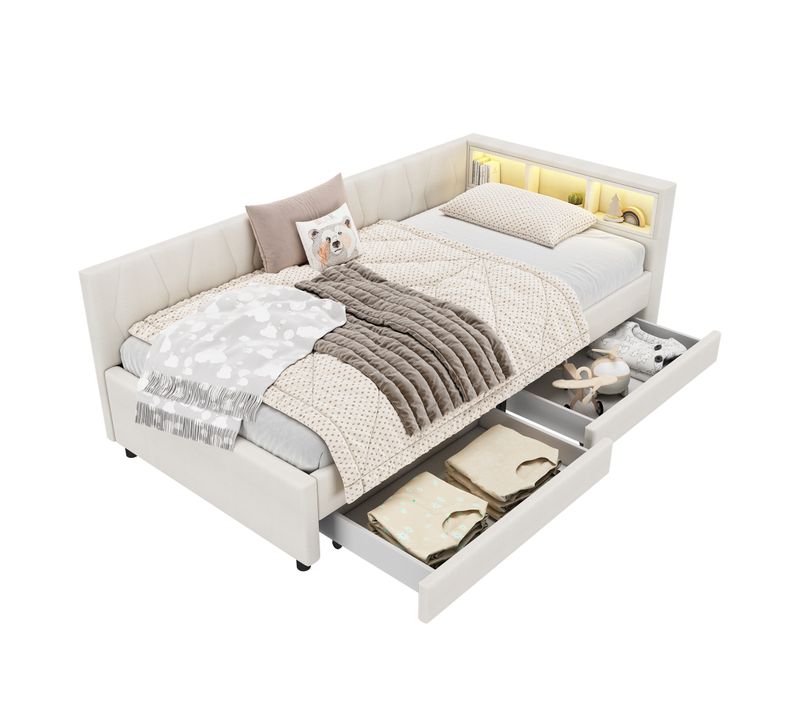 Lit Enfant 90x200 Cm En Lin Beige, LED Avec 2 Tiroirs, Ports USB/type-c, Sommier à Lattes