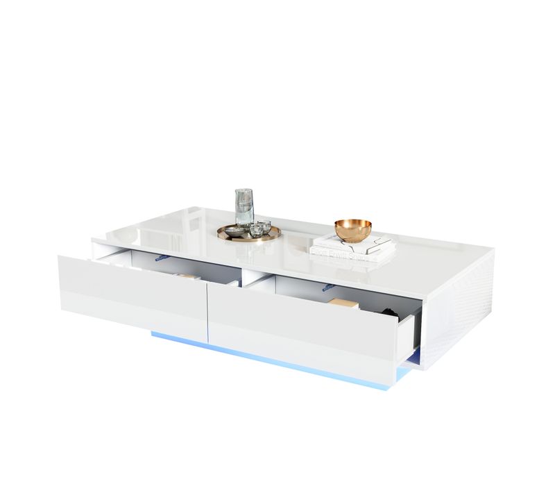Table Basse 115 X 55 X 34 Cm Blanc Laqué, 2 Tiroirs, Éclairage LED