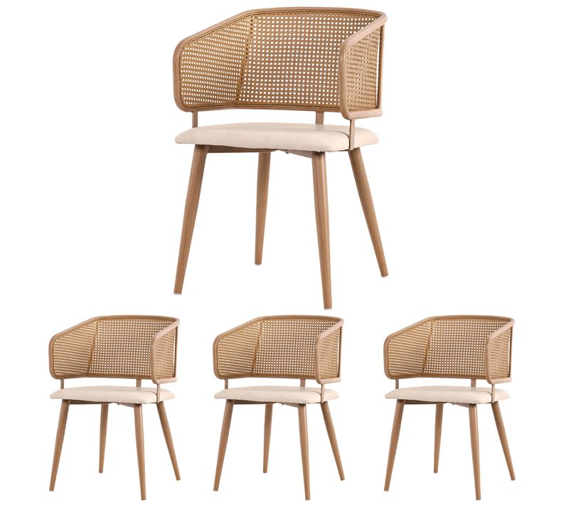 Chaise 4 Pièces De Salle à Manger Métal Effet Bois, Dossier En Rotin, Coussin Pu Beige Brun