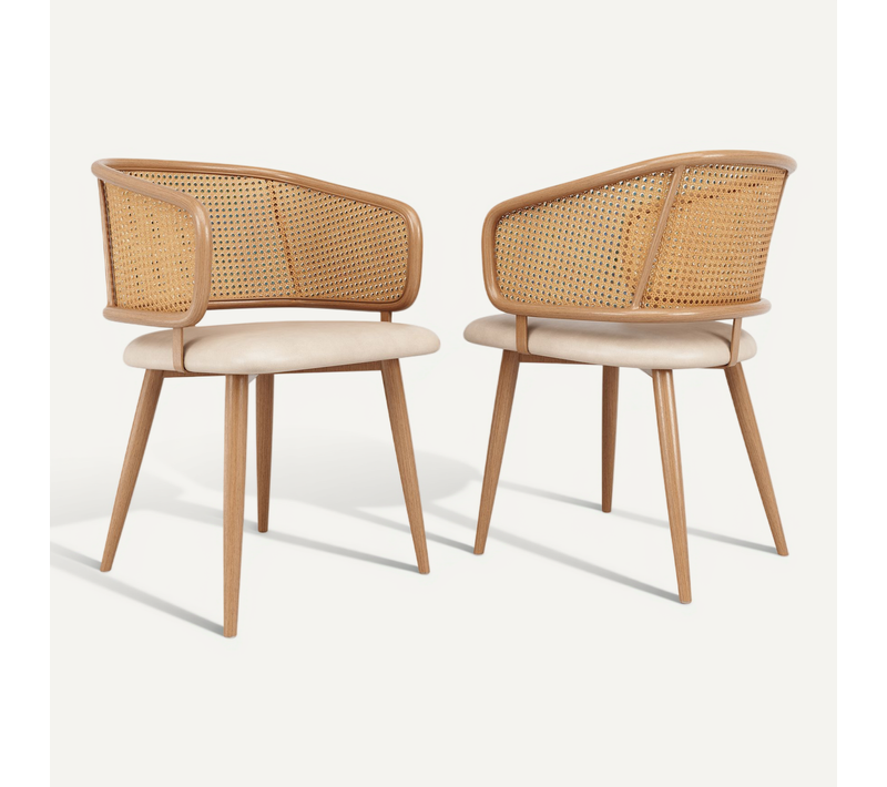 Chaise Salle À Manger 2 Pièces Dossier Rotin, Assise Simili Beige Brun, Pieds Métal Effet Bois