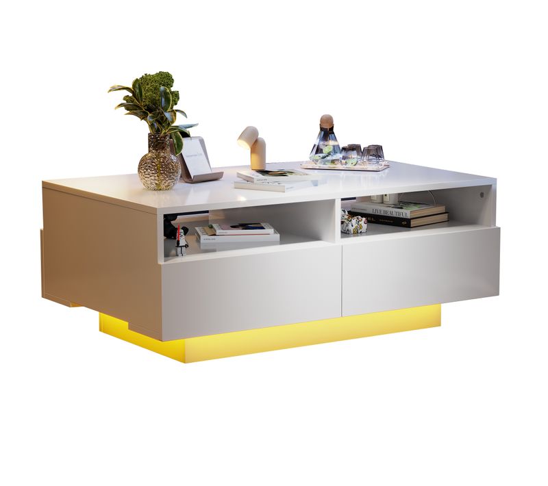 Table Basse Blanc 90x55x35 Cm Avec 4 Tiroirs, Éclairage LED 16 Couleurs USB