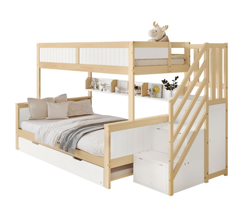Lit Superposé 90/120x200 Cm Avec Lit Gigogne, Escalier Avec Rangements Et Armoire, Pin Blanc/naturel
