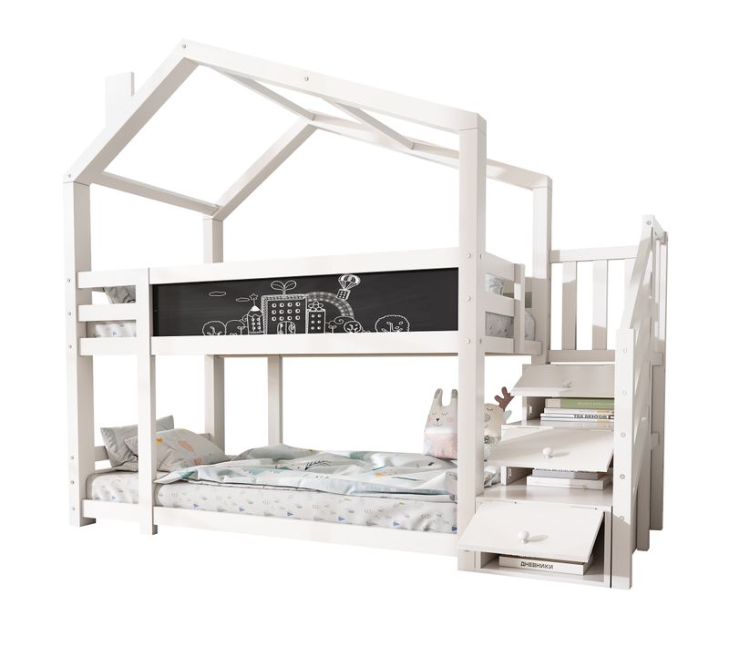 Lit Superposé Enfant 90x200 Cm Forme Cabane Avec Rangements Et Tableau, Bois Blanc