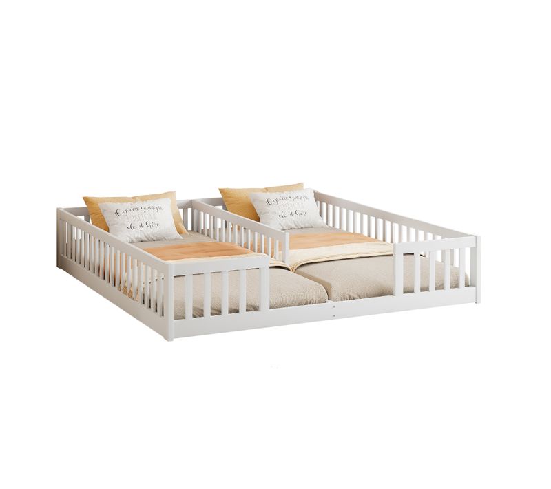Lit Enfant 90x200 Cm 2 Couchages Au Sol Avec Garde-corps Et Sommier à Lattes, Structure En Pin Blanc