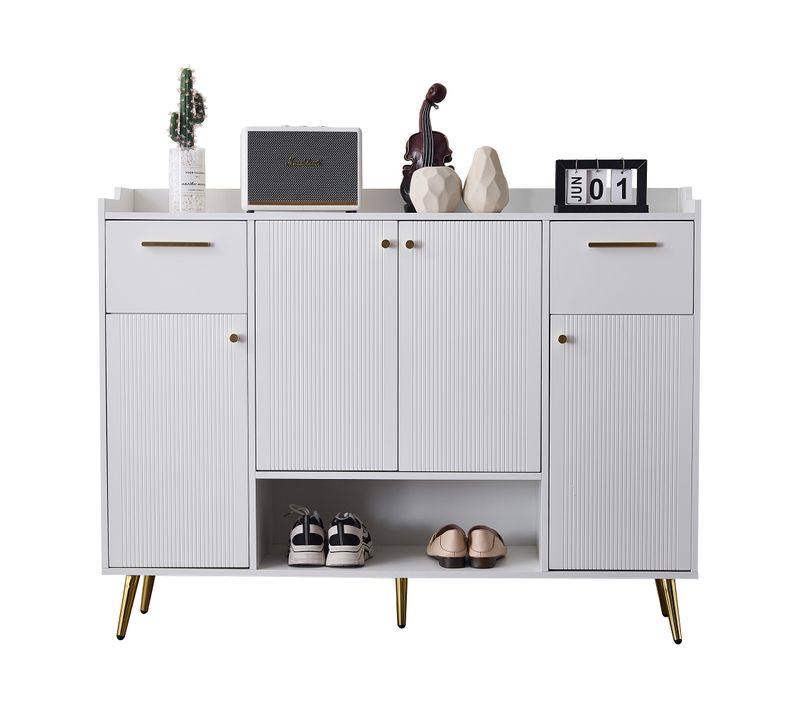 Meuble à Chaussures 130x37x100 Cm Avec 2 Tiroirs Et 4 Portes, Pieds Métal, Blanc