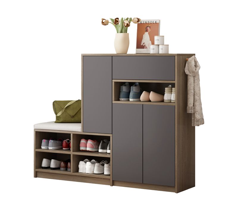Meuble à Chaussures 140 X 35 X 110 Cm Gris Avec Banc, Rangements Ouverts Et Étagères Réglables