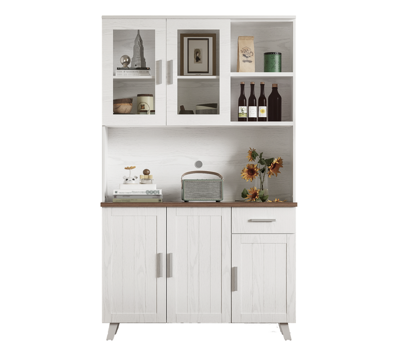 Buffet De Cuisine Haut.190 Cm Avec 5 Portes, Tiroir Et 2 Niches, Bois Blanc Et Plateau Bois Marron