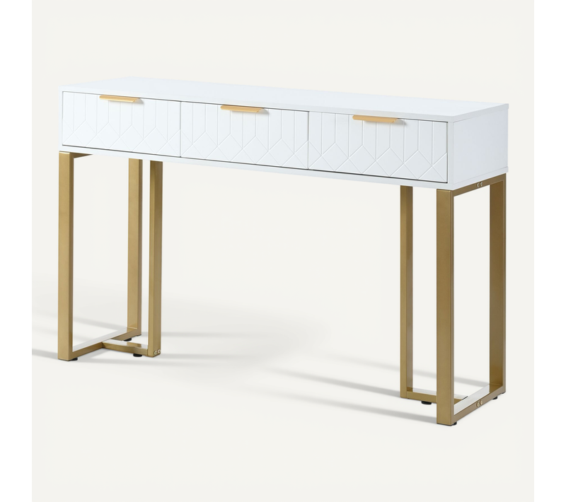 Table Console Blanc/doré Moderne Avec 3 Tiroirs Et Structure Métal Doré