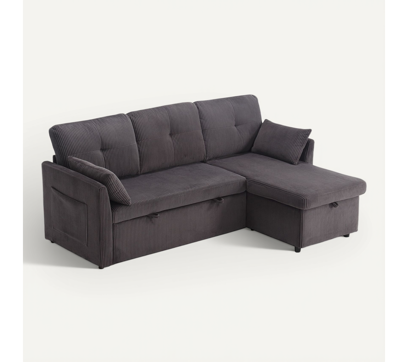 Canapé D'angle Convertible 3 Places 206x108 Cm Avec Coffre De Rangements, Velours Côtelé Gris Foncé