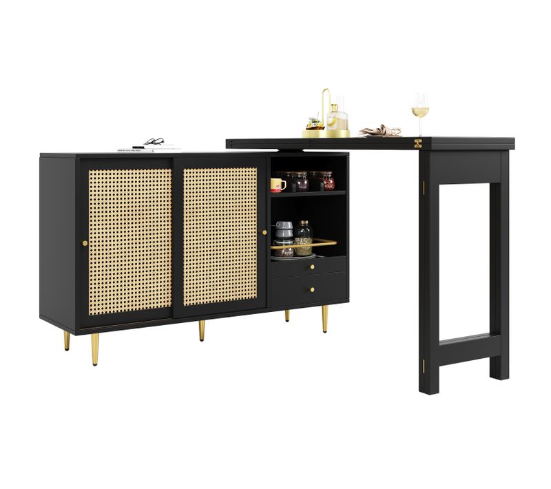 Table De Bar Pivotante Extensible Noire, Avec Rangements Et 2 Portes Coulissantes, Pieds Métal