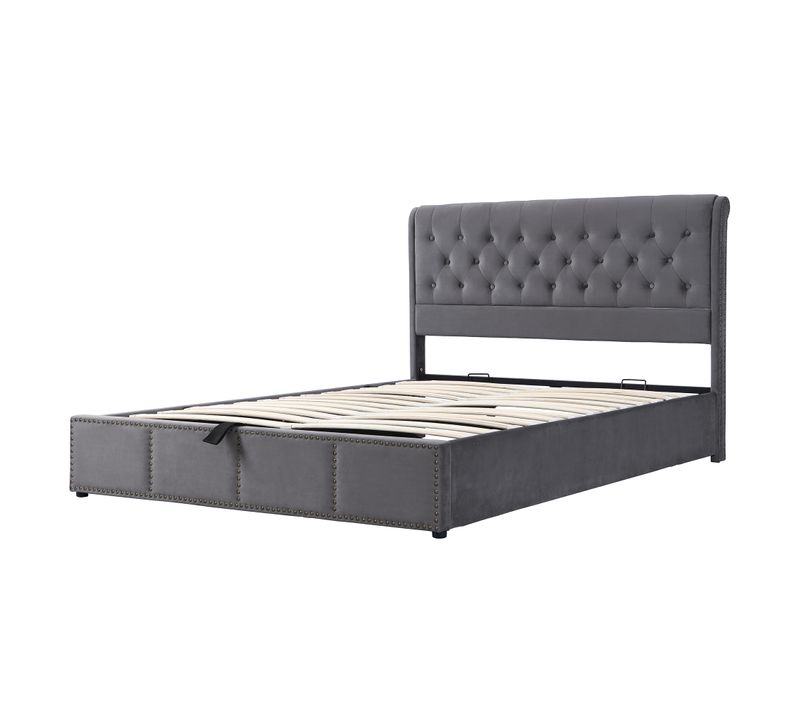 Lit Adulte 140x190 Cm Velours Gris Avec Coffre Et Sommier à Lattes