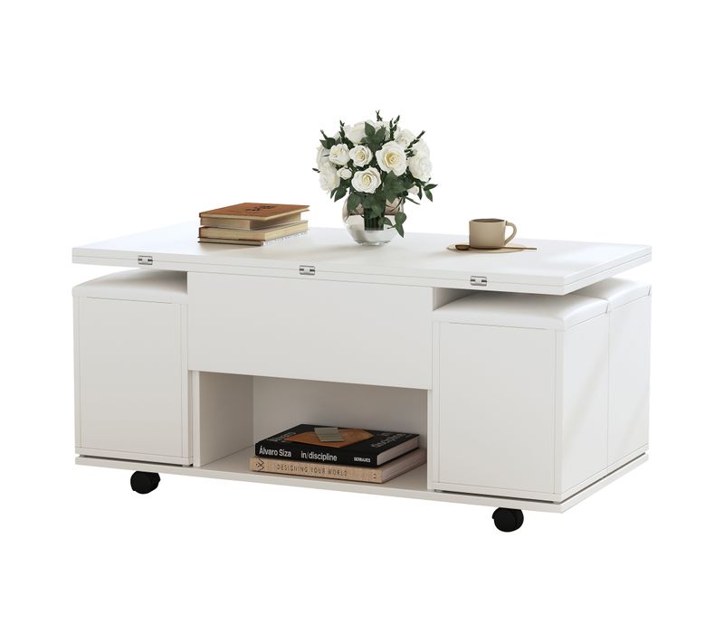 Table Basse Blanche Releveble à Roulettes Avec 4 Chaises Intégré - Plateau Réglable Et Rangement