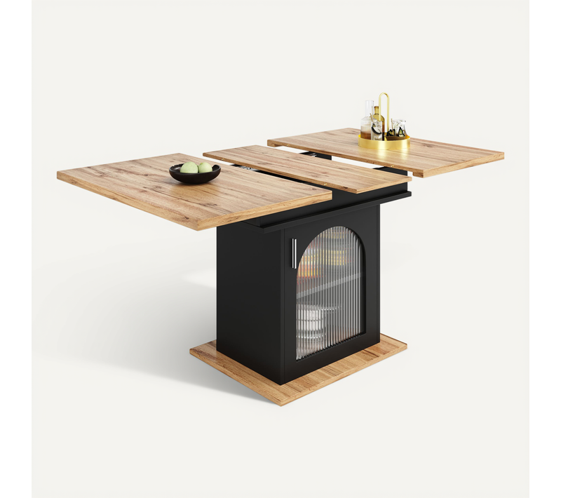 Table à Manger Extensible Noire 110-140x80 Cm, Étagères Et Portes En Verre, 4 à 6 Personnes