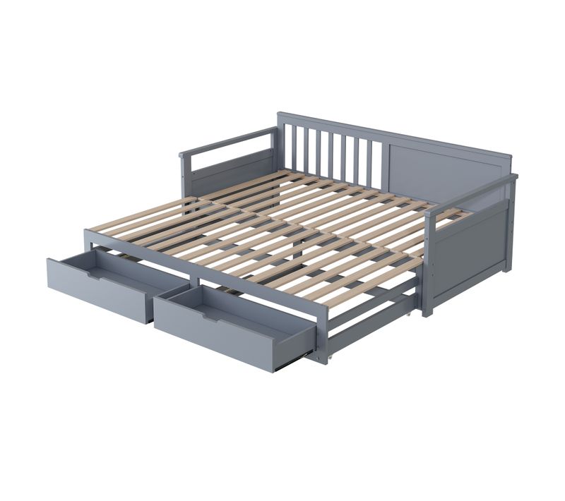 Lit Enfant Gigogne 90x190 Cm Convertible En 180x190 - Lit Gigogne Avec 2 Tiroirs, Pin Gris