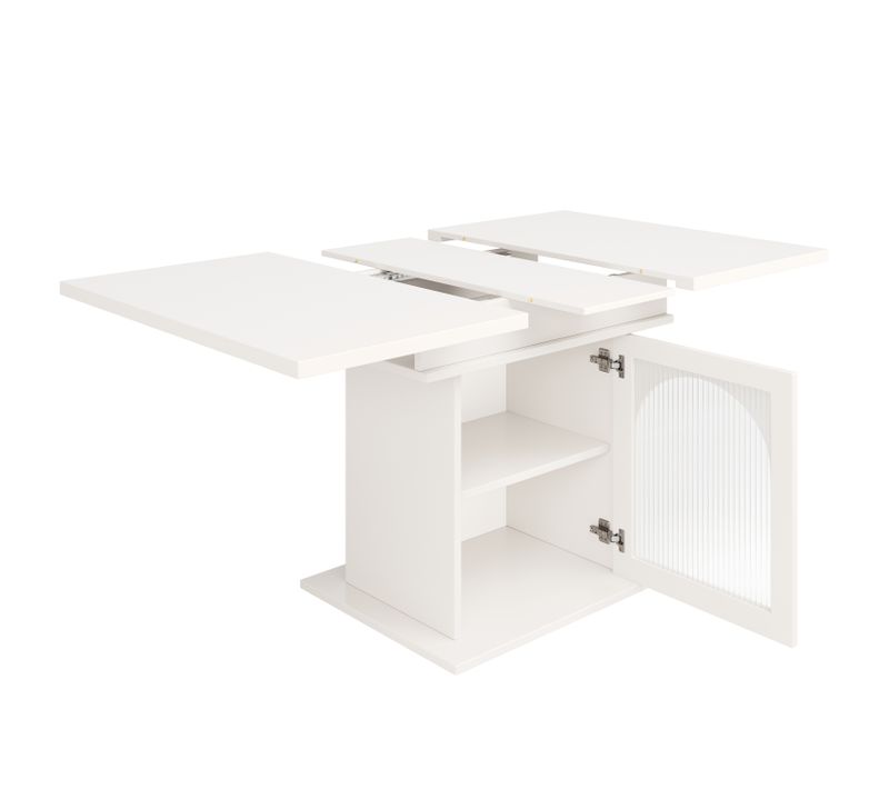 Table à Manger Extensible 110-140x80 Cm Blanc, Étagères Et Portes En Verre, 4 à 6 Personnes